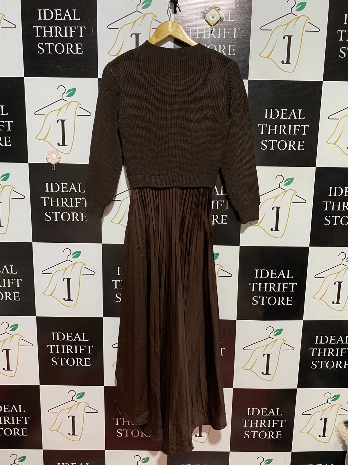 ZPOI |M| BUST 16| B39| COUTURE COFFEE BROWN HYBRID SWEATER DRESS WITH PLEATED SATIN-MATTE MAXI SKIRT