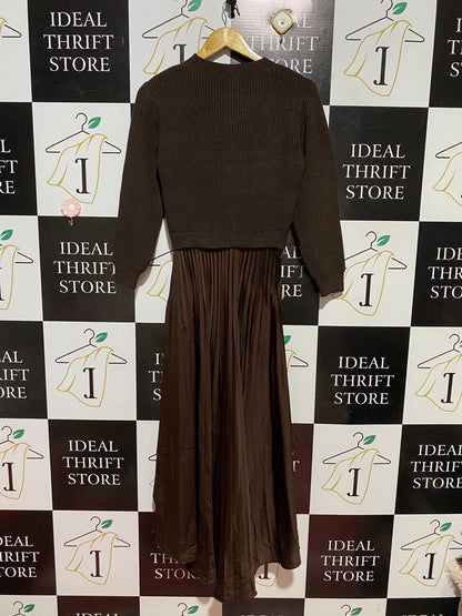 ZPOI |M| BUST 16| B39| COUTURE COFFEE BROWN HYBRID SWEATER DRESS WITH PLEATED SATIN-MATTE MAXI SKIRT