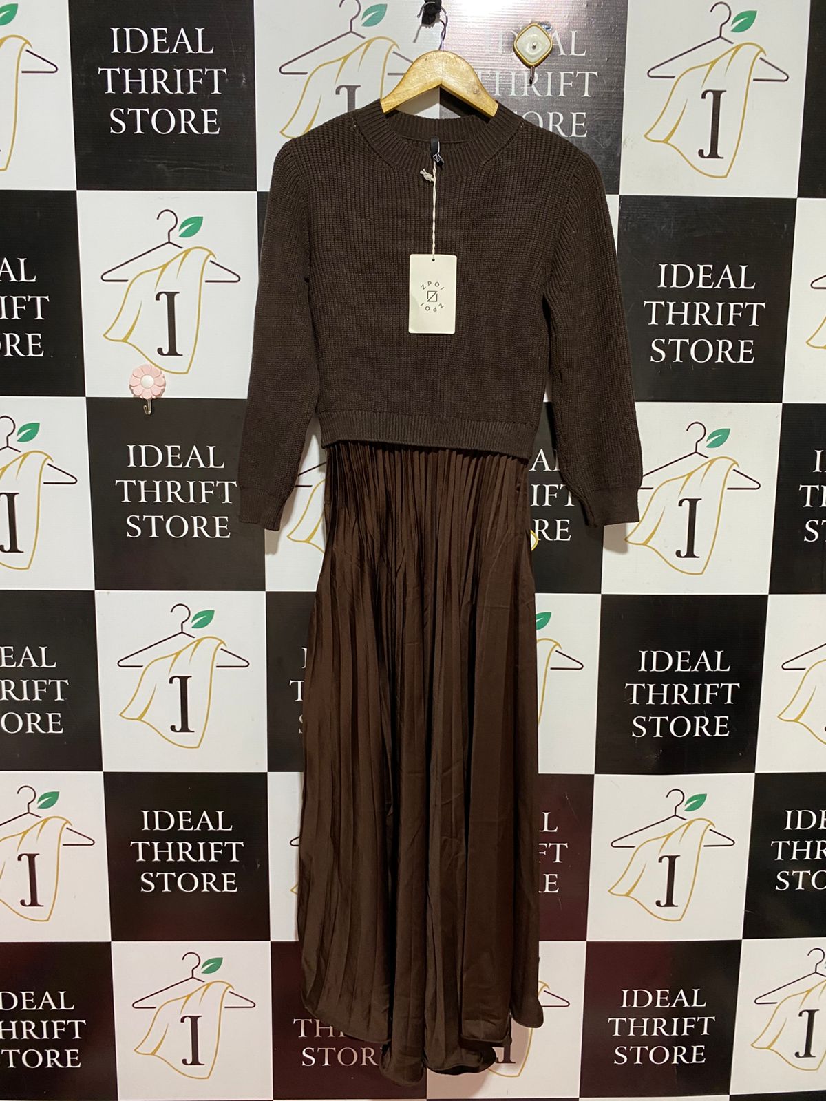 ZPOI |M| BUST 16| B39| COUTURE COFFEE BROWN HYBRID SWEATER DRESS WITH PLEATED SATIN-MATTE MAXI SKIRT