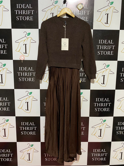 ZPOI |M| BUST 16| B39| COUTURE COFFEE BROWN HYBRID SWEATER DRESS WITH PLEATED SATIN-MATTE MAXI SKIRT