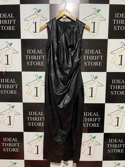 NEW LOOK |M| BUST 16| B39| BLACK FAUX LEATHER SLEEVELESS DRAPED MIDI DRESS WITH SIDE SLIT