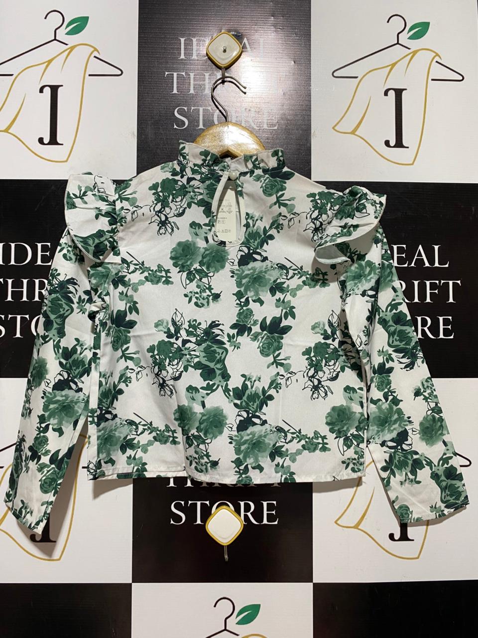 SHEIN |S| BUST 15| B39| GREEN FLORAL PRINT RUFFLE SHOULDER BLOUSE