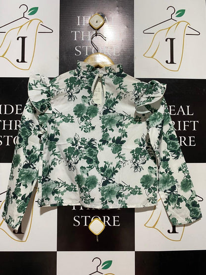 SHEIN |S| BUST 15| B39| GREEN FLORAL PRINT RUFFLE SHOULDER BLOUSE
