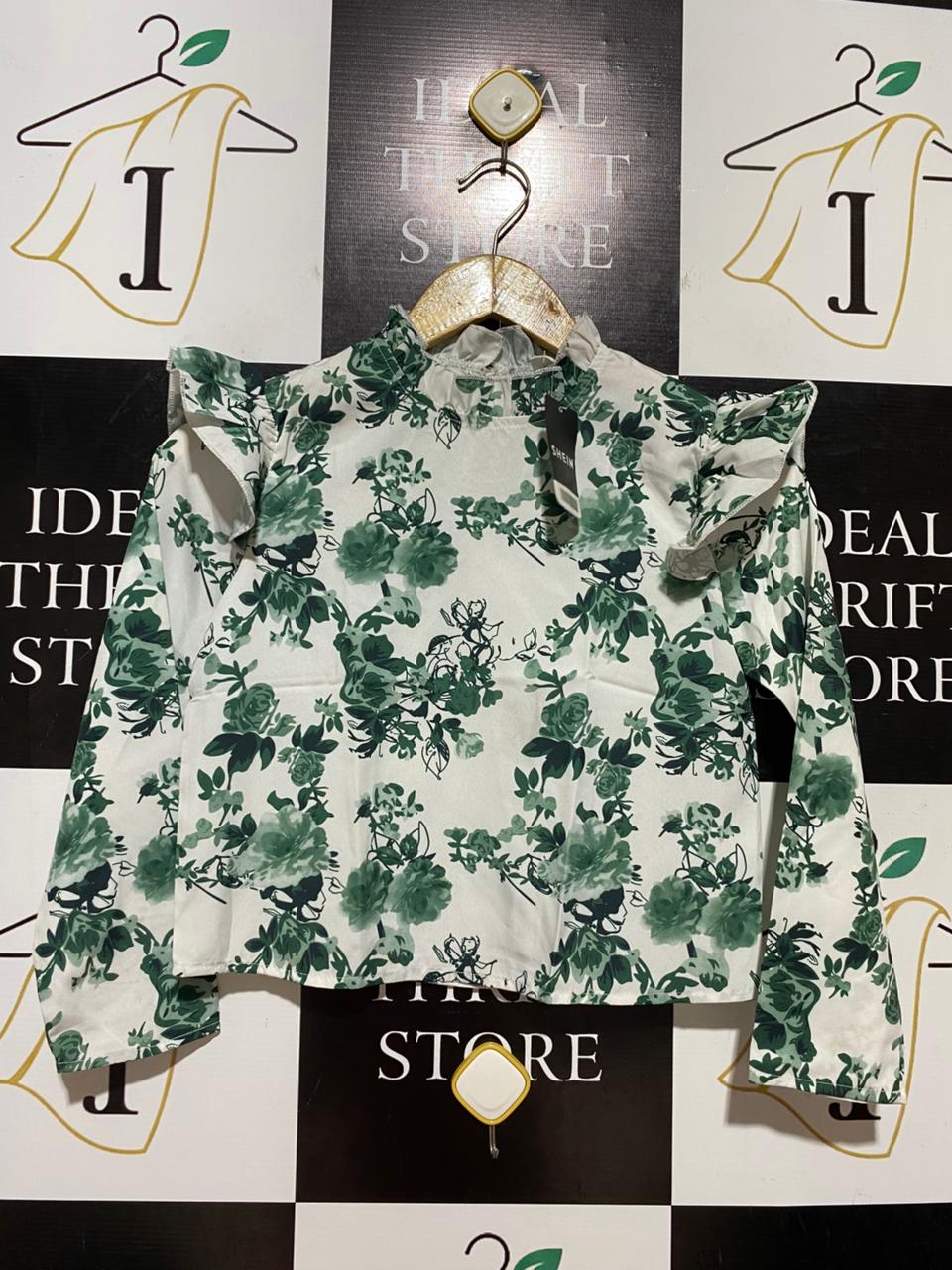 SHEIN |S| BUST 15| B39| GREEN FLORAL PRINT RUFFLE SHOULDER BLOUSE