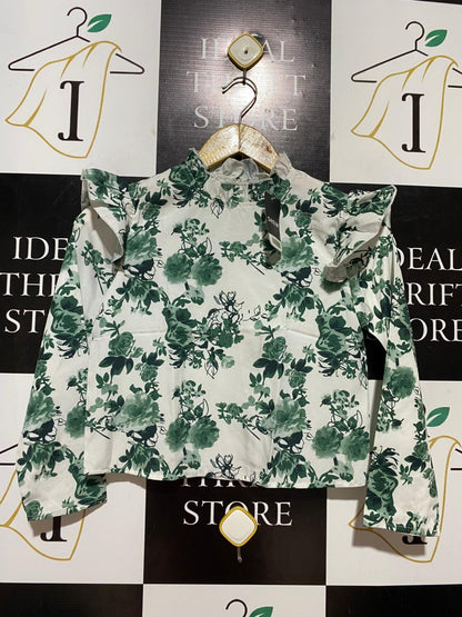 SHEIN |S| BUST 15| B39| GREEN FLORAL PRINT RUFFLE SHOULDER BLOUSE