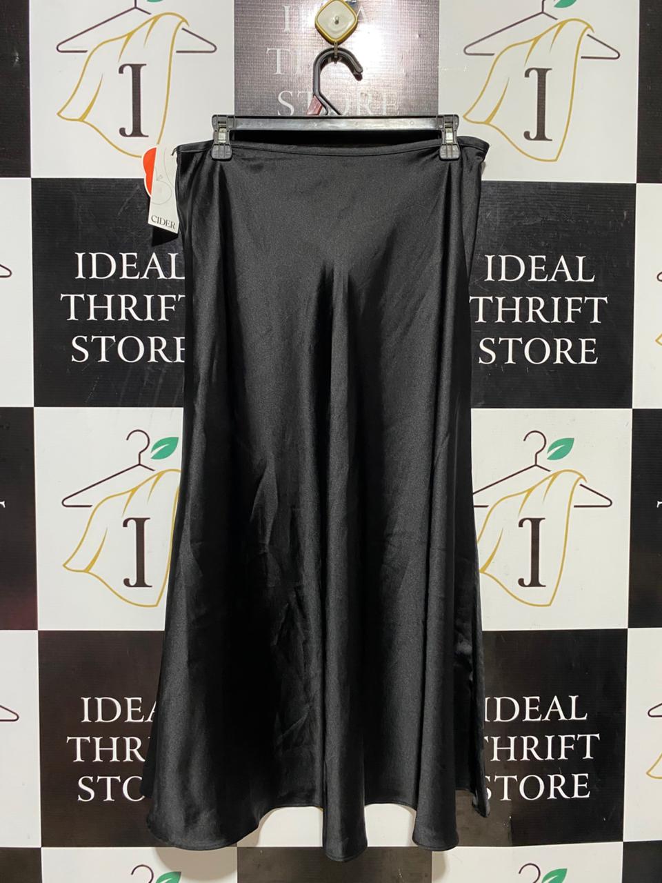 CIDER |XL| WAIST 32| B39| BLACK HIGH-WAISTED SATIN MIDI SKIRT