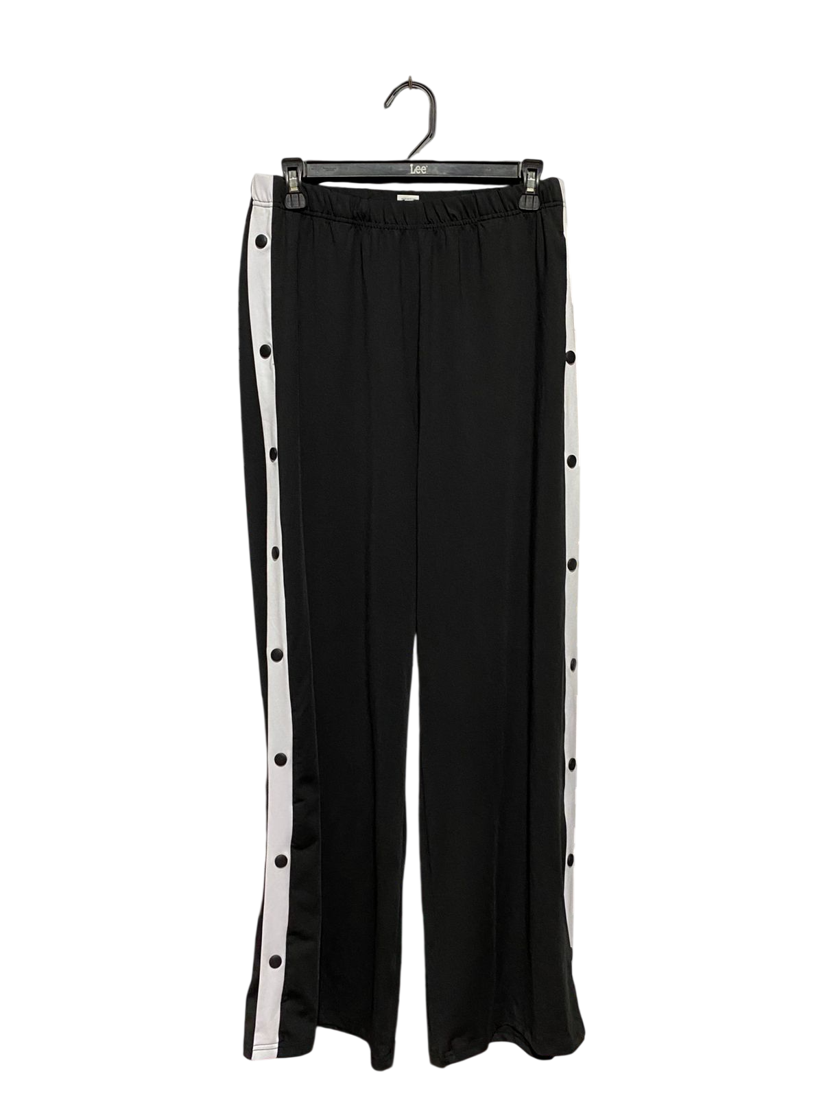 |L| WAIST 29| B39| BLACK WIDE-LEG TRACK PANTS WITH WHITE SIDE STRIPE AND SNAP BUTTON