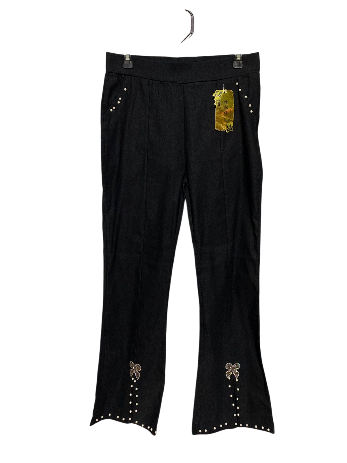 |L| WAIST 30| B39| BLACK FLARED PANTS WITH PEARL EMBELLISHMENTS AND RHINESTONE BOW