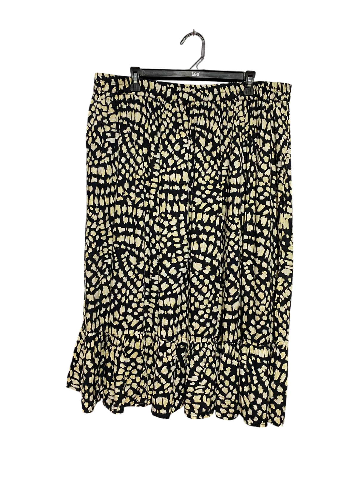 BONMARCHE |XXL| WAIST 38| B39| BLACK AND CREAM ABSTRACT PRINT MIDI SKIRT TIRED RUFFLE HEM CASUAL SKIRT
