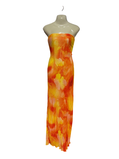 SHEIN |S| BUST 17| B40| VIBRANT ORANGE AND YELLOW WATERCOLOR FLORAL PLEATED TUBE MAXI DRESS