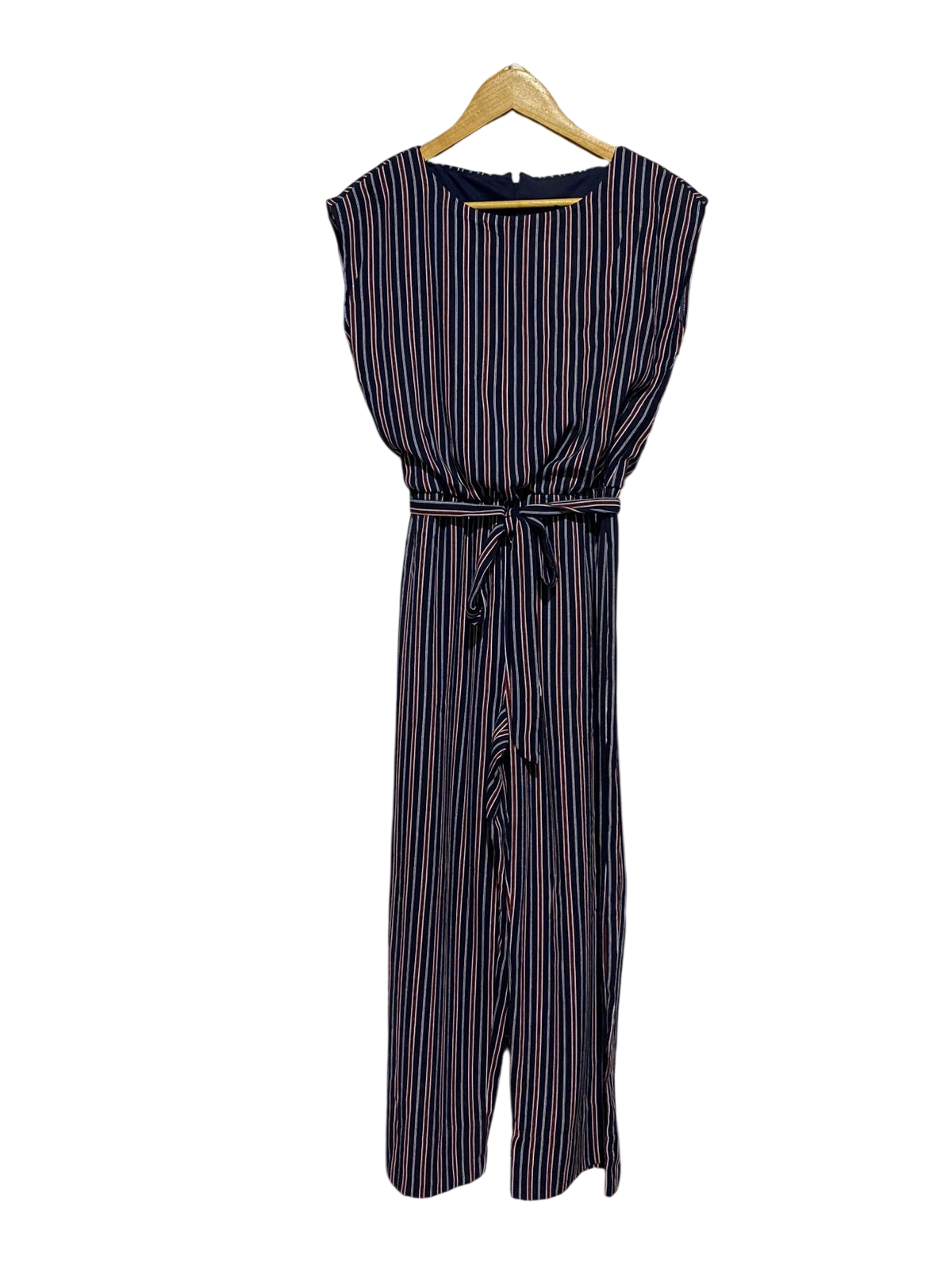 ENFOCUS |M| BUST 18| B40| NAVY BLUE STRIPED WIDE-LEG JUMPSUIT SLEEVELESS TIE-WAIST ONE-PIECE