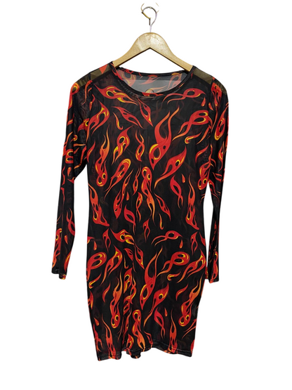 |M| BUST 17| B40| BLACK SHEER MESH FLAME PRINT LONG SLEEVE BODYCON MINI DRESS