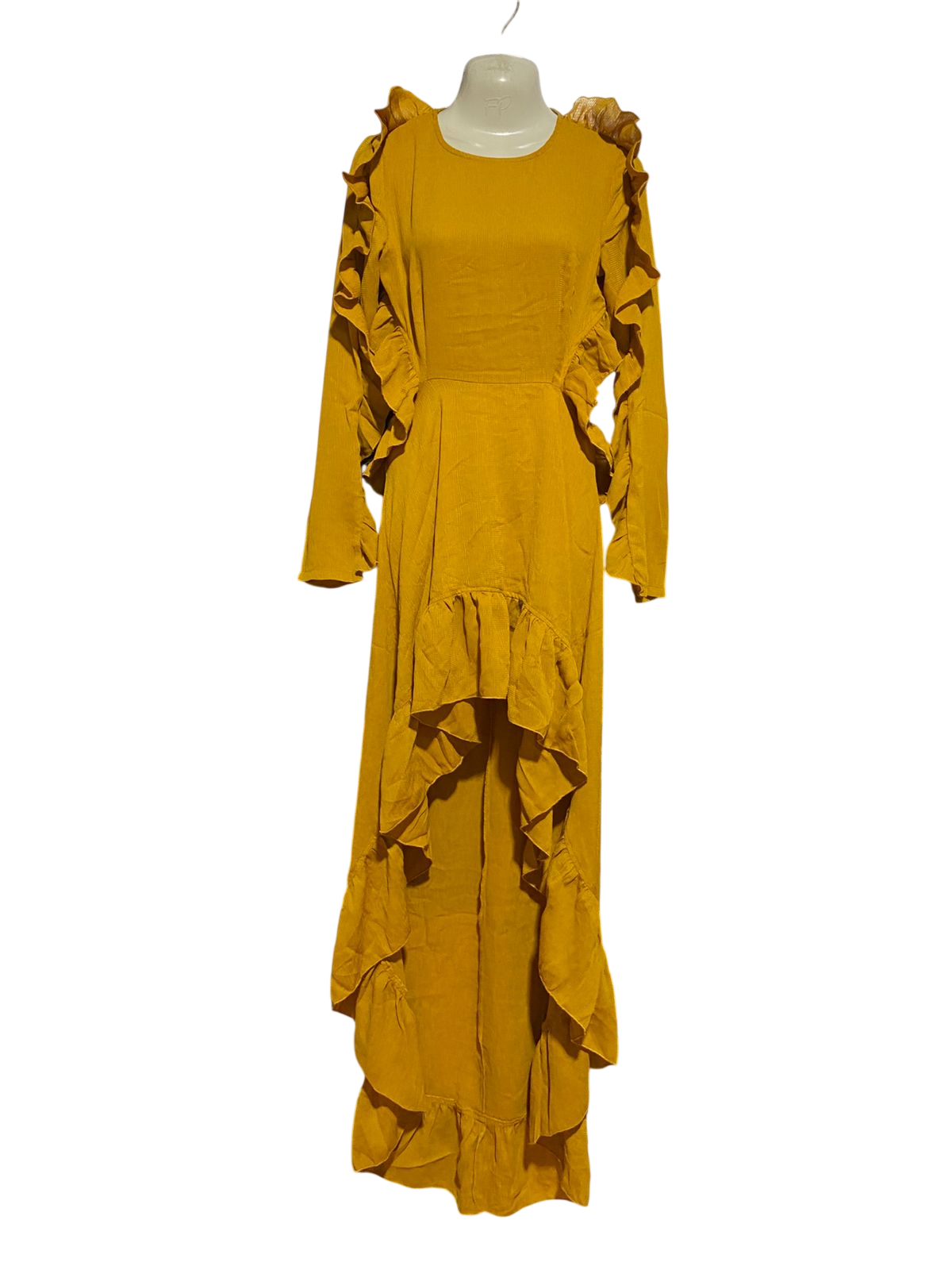 I SAW IT FIRST |M| BUST 18| B40| MUSTARD YELLOW HIGH-LOW RUFFLE MAXI DRESS LONG SLEEVE PARTY GOWN