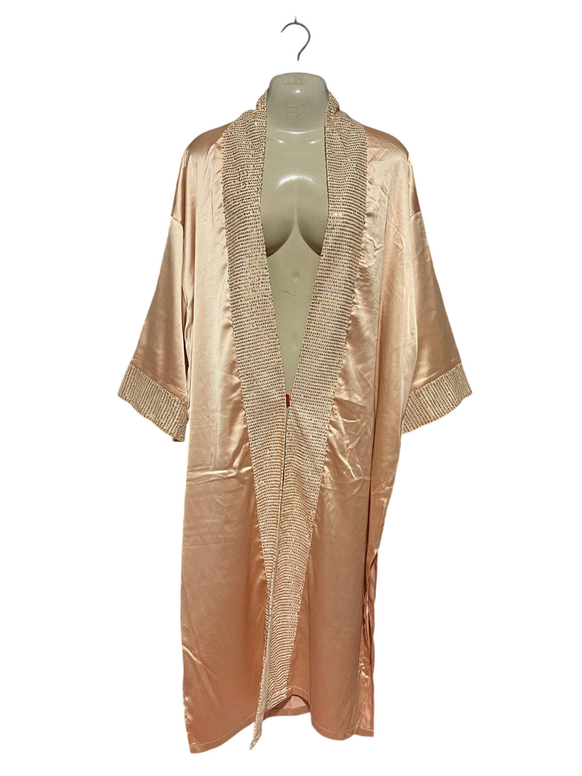 |XL| BUST 24| B40| LUXURY ROSE GOLD SATIN KIMONO CARDIGAN RHINESTONE EMBELLISHED LONG MAXI ROBE