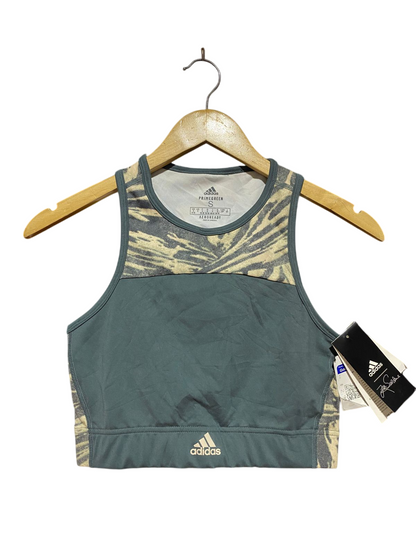 ADIDAS |S| BUST 13| B40| PRIMEGREEN HIGH-NECK SPORTS BRA GREEN ABSTRACT PRINT ACTIVE CROP TOP