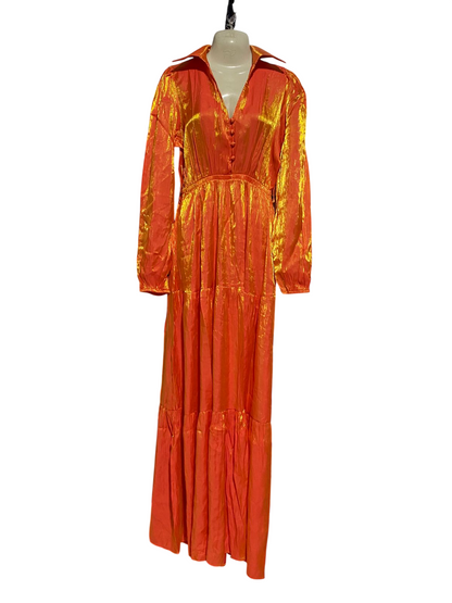 FAERIESTY |M| BUST 18| B40| SHIMMERING METALLIC ORANGE TIERED MAXI DRESS LONG SLEEVE BUTTONFRONT PARTY GOWN