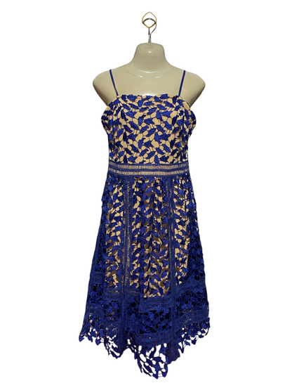 BOOHOO |S| BUST 16| B40| ROYAL BLUE HOLLOW-OUT OVERLAY MIDI DRESS SPAGHETTI STRAP PARTY WEAR
