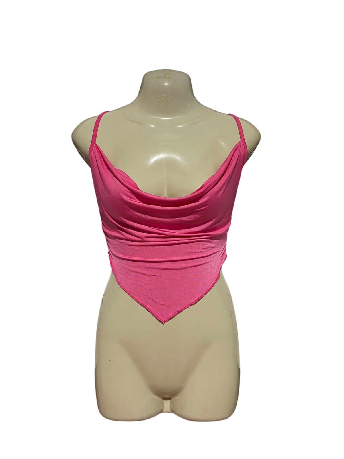 PRETTYLITTLE THING |S| BUST 15| B40| VIBRANT HOT PINK COWL NECK CORSET STYLE HANDKERCHIEF HEM CAMI CROP TOP