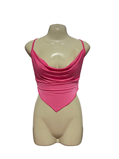 PRETTYLITTLE THING |S| BUST 15| B40| VIBRANT HOT PINK COWL NECK CORSET STYLE HANDKERCHIEF HEM CAMI CROP TOP