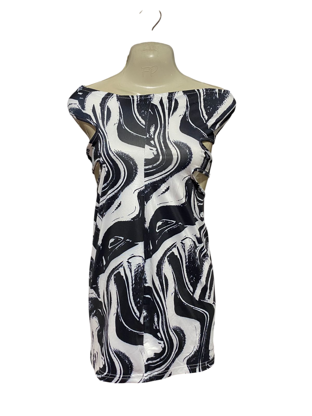 |M| BUST 16| B40| BOLD BLACK AND WHITE MARBLE PRINT BOAT NECK MINI DRESS WITH SIDE CUT-OUTS