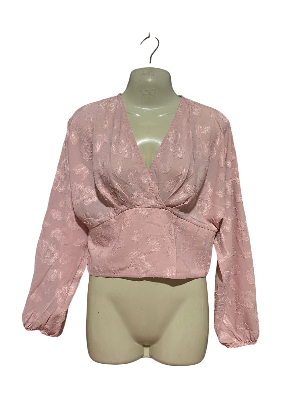 ACTUEL |M| BUST FREE| B40| DUSTY PINK EMBOSSED FLORAL CROP TOP SURPLICE V-NECK LONG SLEEVE BLOUSE