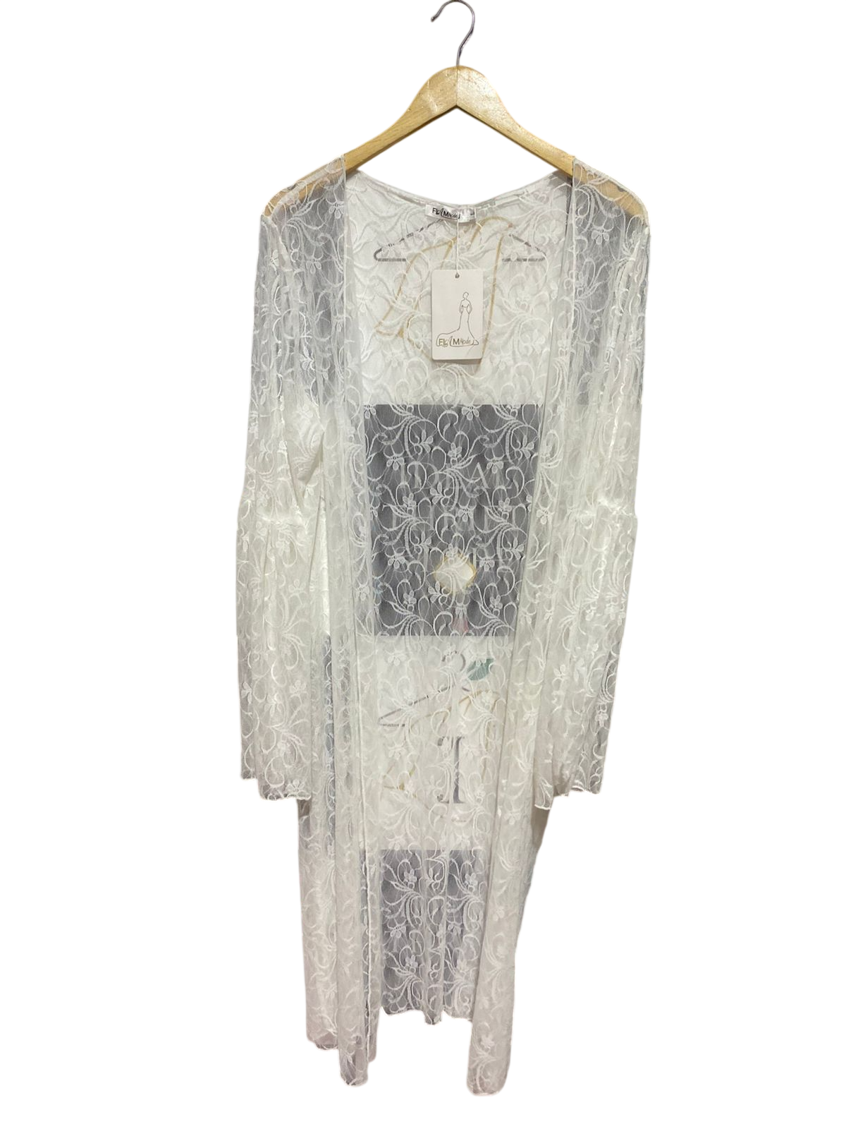 FLAM MODE |XL| BUST 22| B40| ELEGANT WHITE FLORAL LACE LONGLINE CARDIGAN SHEER BELL SLEEVE KIMONO SHRUG