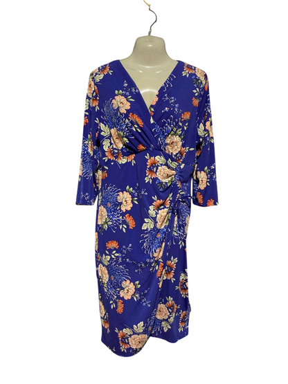 M&CO |L| BUST 20| B40| ROYAL BLUE FLORAL PRINT FAUX WRAP MIDI DRESS WITH SIDE RUCHING