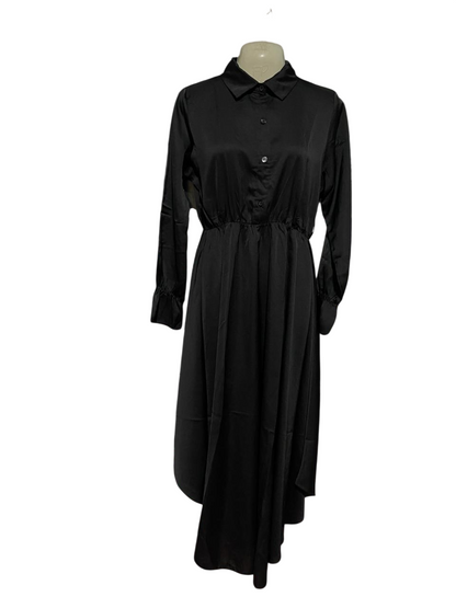 NEW COLEECTION |L| BUST 19| B40| BLACK SATIN BUTTON-DOWN LONG SLEEVE MIDI SHIRT DRESS WITH CINCHED WAIST