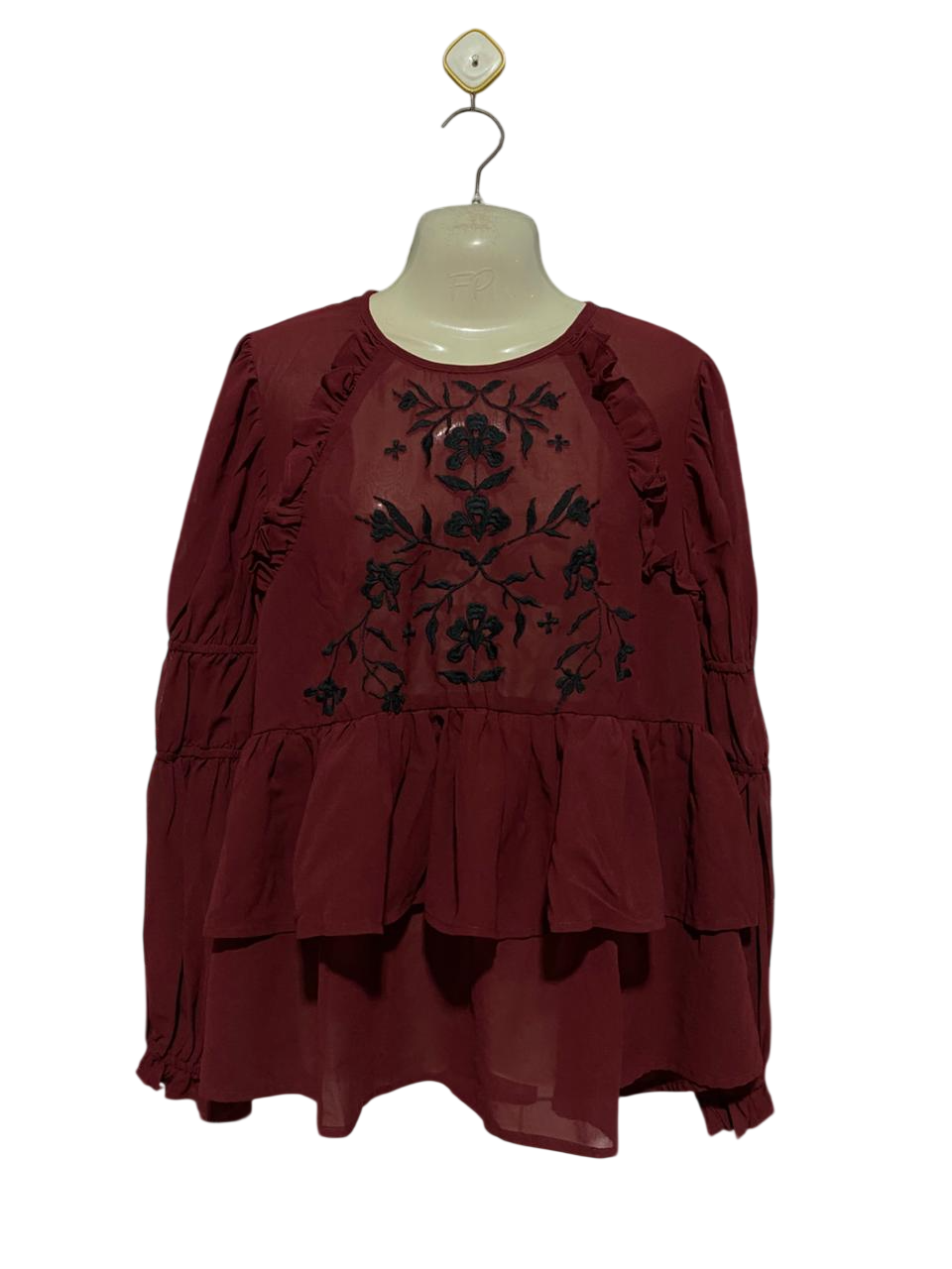 ASOS |XL| BUST 23| B40| MAROON EMBROIDERED LONG SLEEVE PEPLUM BLOUSE WITH RUFFLE