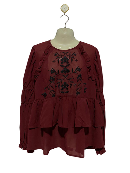 ASOS |XL| BUST 23| B40| MAROON EMBROIDERED LONG SLEEVE PEPLUM BLOUSE WITH RUFFLE