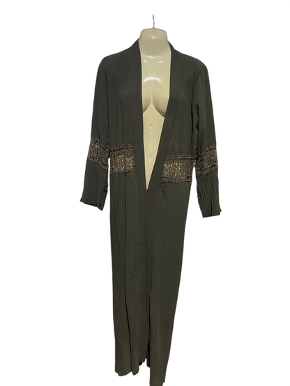 |L| BUST 19| B40| ELEGANT CHARCOAL GREY CROCHET LACE INSERT LONGline CARDIGAN KIMONO