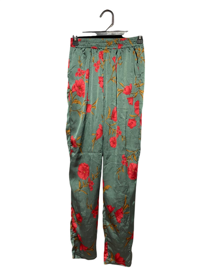 PRETTYLITTLE THING |XS| WAIST 24| B40| LUXURIOUS SAGE GREEN SILKY SATIN RED FLORAL TROUSERS