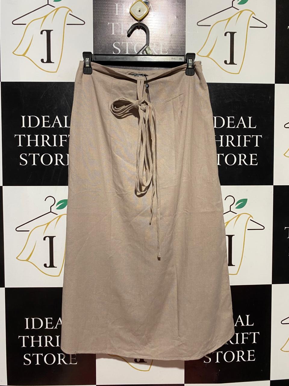 MISS GUIDED |M| WAIST 27| B40| ELEGANT BEIGE LINEN-BLEND TIE-WAIST MIDI SKIRT