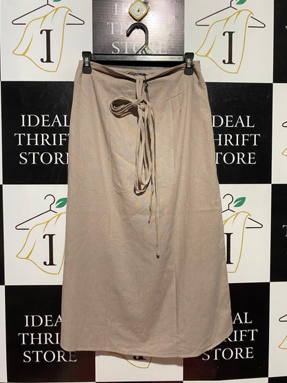 MISS GUIDED |M| WAIST 27| B40| ELEGANT BEIGE LINEN-BLEND TIE-WAIST MIDI SKIRT