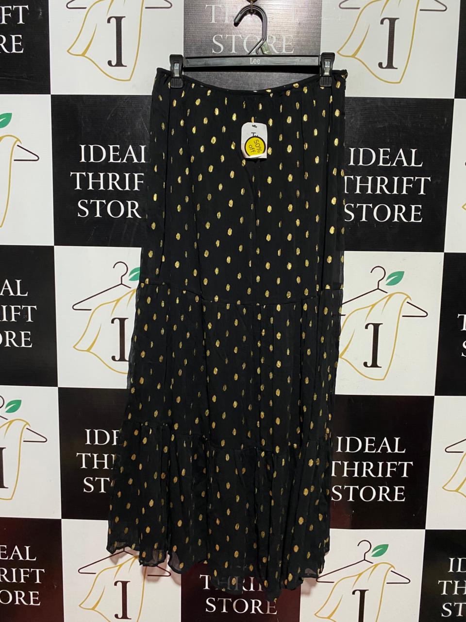 TU |M| WAIST 28| B40| GLAMOROUS BLACK AND GOLD FOIL POLKA DOT TIERED MAXI SKIRT