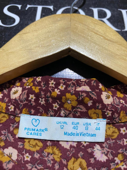 PRIMARK CARES |L| BUST 20| B40| BURGUNDY DITSY FLORAL PRINT BUTTON-DOWN LONG SLEEVE SHIRT