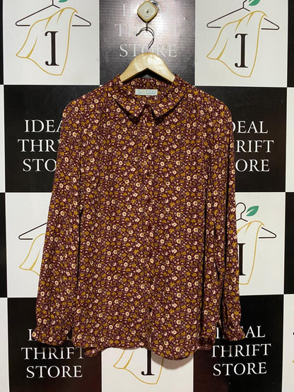 PRIMARK CARES |L| BUST 20| B40| BURGUNDY DITSY FLORAL PRINT BUTTON-DOWN LONG SLEEVE SHIRT