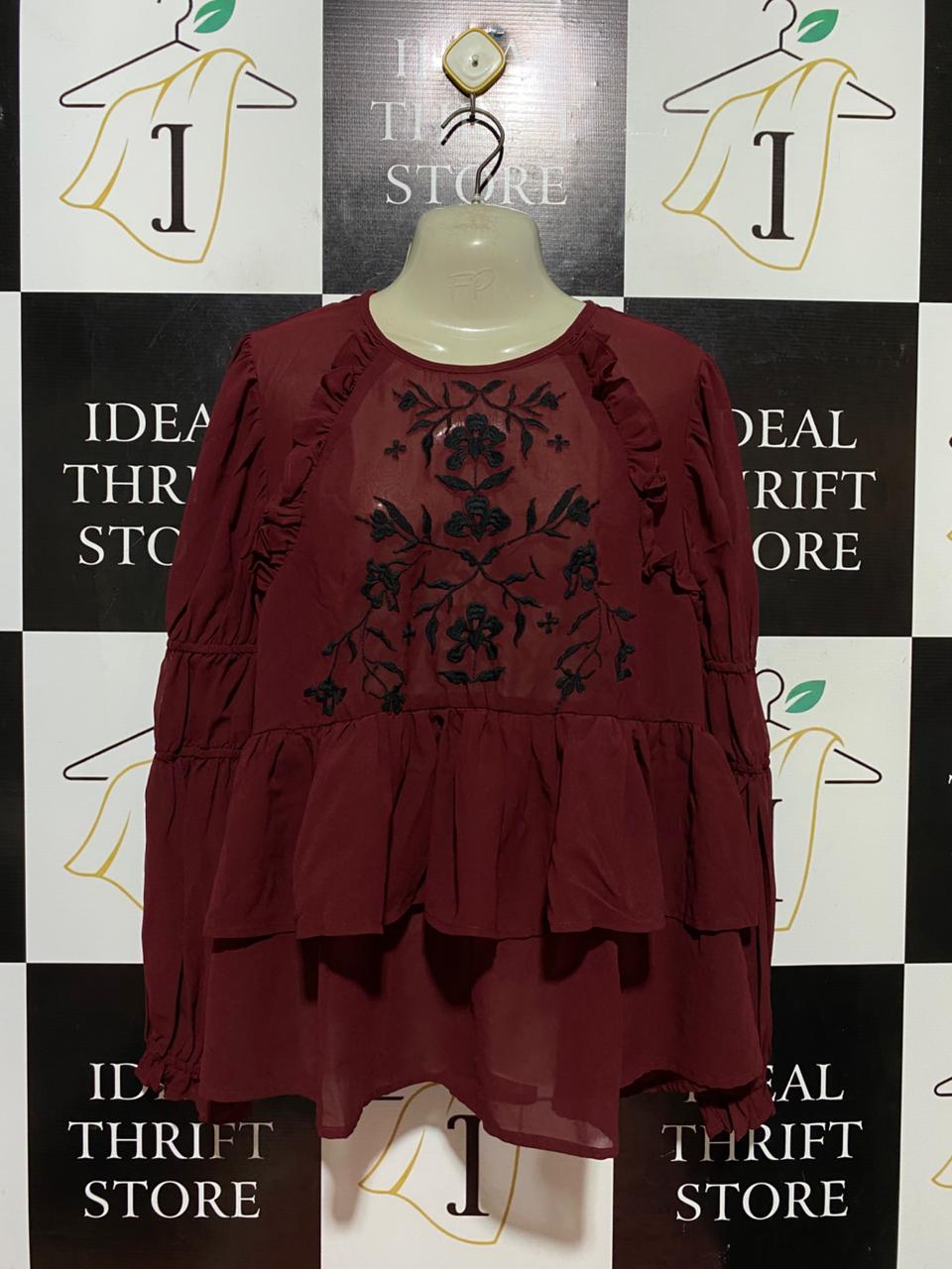ASOS |XL| BUST 23| B40| MAROON EMBROIDERED LONG SLEEVE PEPLUM BLOUSE WITH RUFFLE