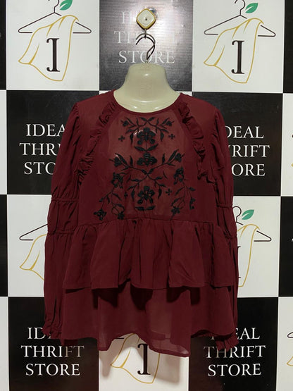 ASOS |XL| BUST 23| B40| MAROON EMBROIDERED LONG SLEEVE PEPLUM BLOUSE WITH RUFFLE