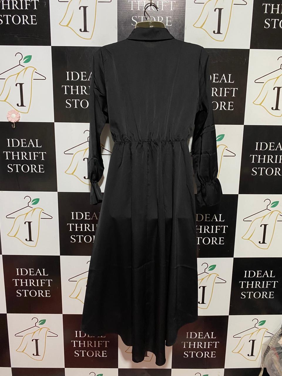 NEW COLEECTION |L| BUST 19| B40| BLACK SATIN BUTTON-DOWN LONG SLEEVE MIDI SHIRT DRESS WITH CINCHED WAIST