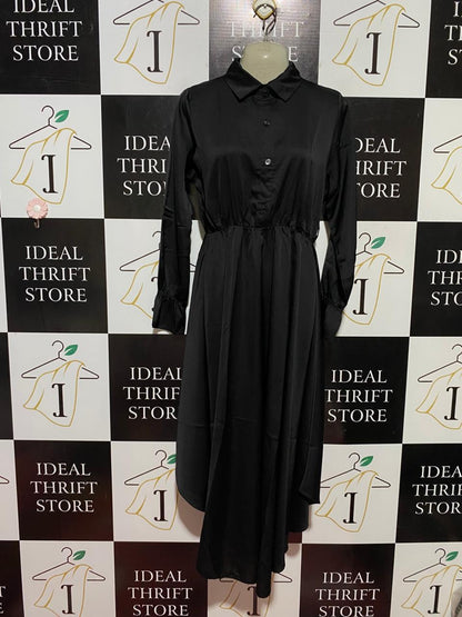 NEW COLEECTION |L| BUST 19| B40| BLACK SATIN BUTTON-DOWN LONG SLEEVE MIDI SHIRT DRESS WITH CINCHED WAIST