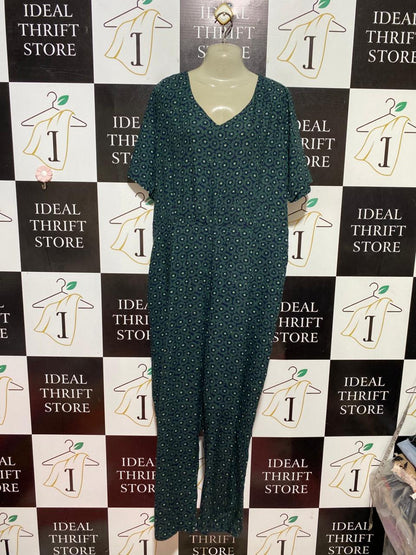 WHITE STUFF |XL| BUST 22| B40| GREEN GEOMETRIC FLORAL PRINT V-NECK SHORT SLEEVE JUMPSUIT