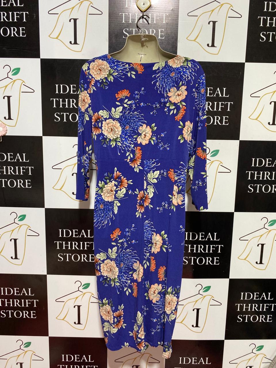 M&CO |L| BUST 20| B40| ROYAL BLUE FLORAL PRINT FAUX WRAP MIDI DRESS WITH SIDE RUCHING