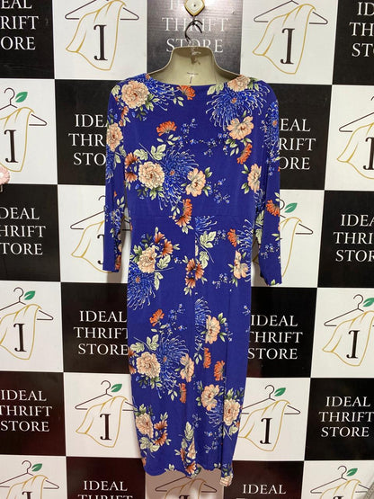 M&CO |L| BUST 20| B40| ROYAL BLUE FLORAL PRINT FAUX WRAP MIDI DRESS WITH SIDE RUCHING