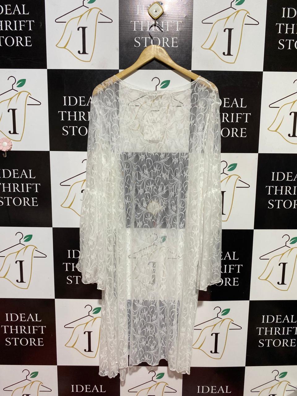 FLAM MODE |XL| BUST 22| B40| ELEGANT WHITE FLORAL LACE LONGLINE CARDIGAN SHEER BELL SLEEVE KIMONO SHRUG