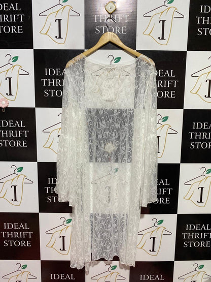 FLAM MODE |XL| BUST 22| B40| ELEGANT WHITE FLORAL LACE LONGLINE CARDIGAN SHEER BELL SLEEVE KIMONO SHRUG