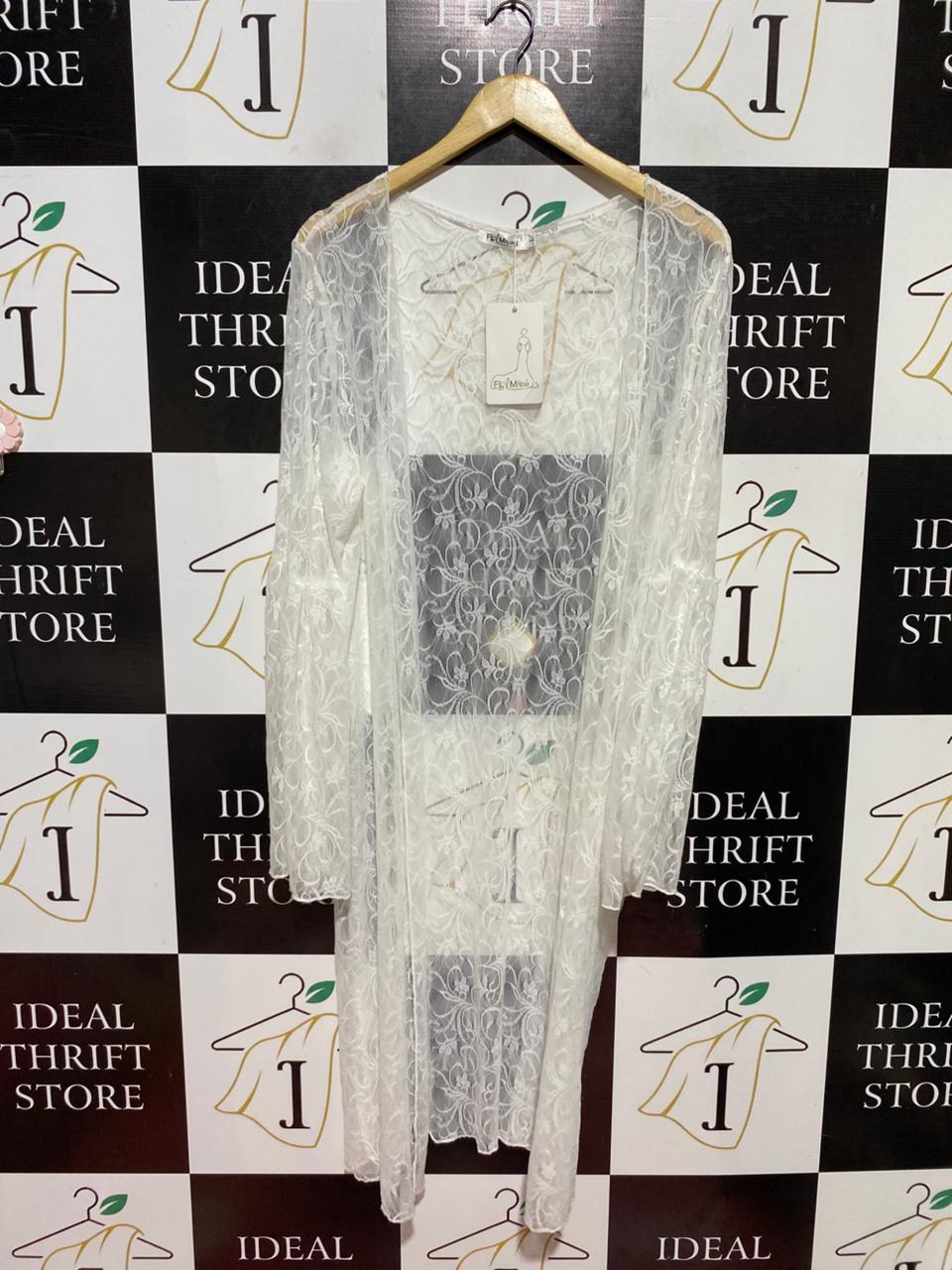 FLAM MODE |XL| BUST 22| B40| ELEGANT WHITE FLORAL LACE LONGLINE CARDIGAN SHEER BELL SLEEVE KIMONO SHRUG