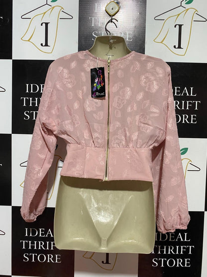 ACTUEL |M| BUST FREE| B40| DUSTY PINK EMBOSSED FLORAL CROP TOP SURPLICE V-NECK LONG SLEEVE BLOUSE