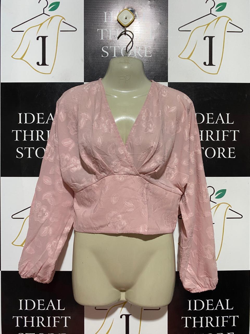ACTUEL |M| BUST FREE| B40| DUSTY PINK EMBOSSED FLORAL CROP TOP SURPLICE V-NECK LONG SLEEVE BLOUSE