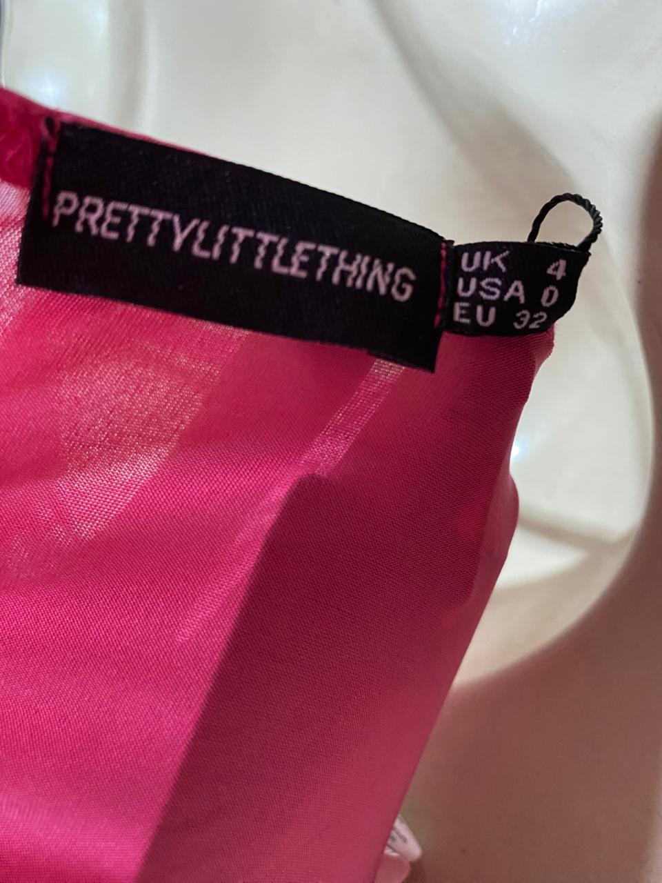 PRETTYLITTLE THING |S| BUST 15| B40| VIBRANT HOT PINK COWL NECK CORSET STYLE HANDKERCHIEF HEM CAMI CROP TOP